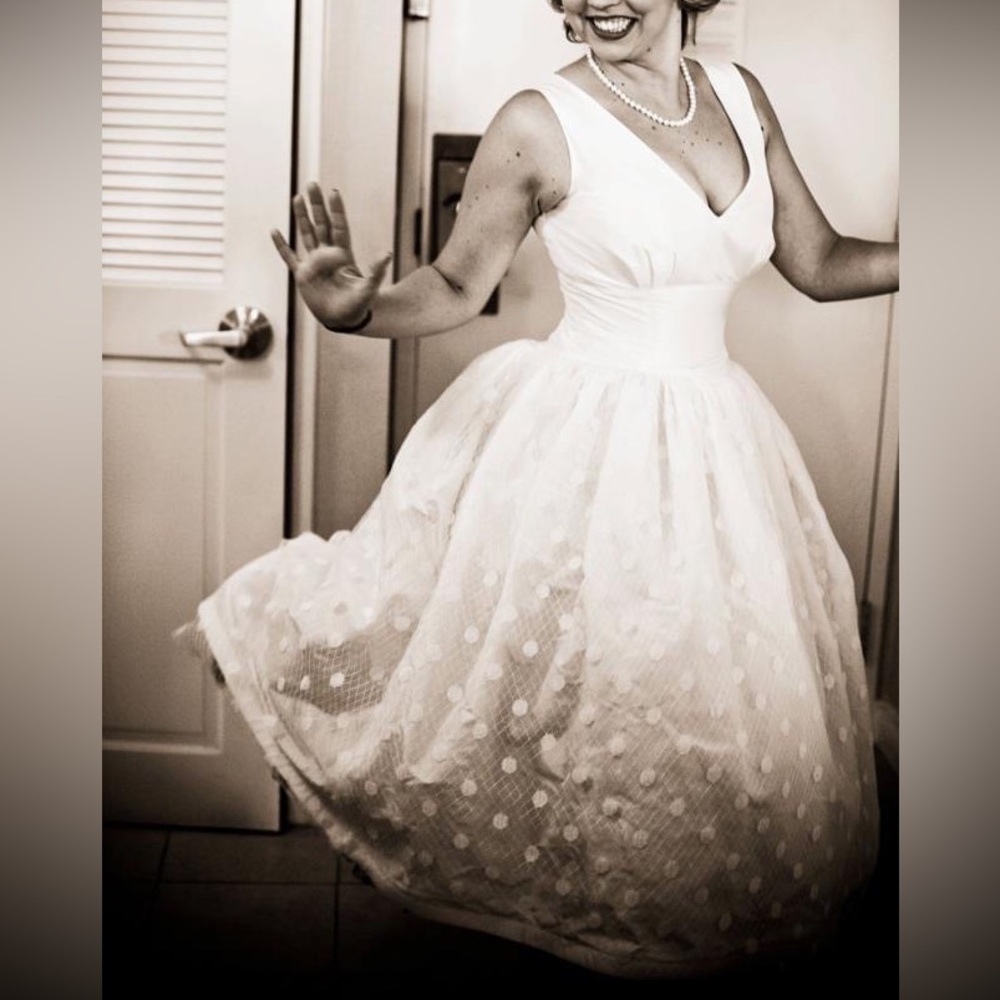 Classic White Polka Dot Tea-Length Wedding Dress